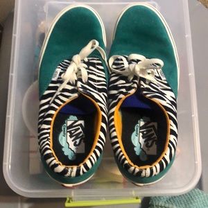 Vans leopard shoes with green suede and blue tongue. Coolest shoes ever.